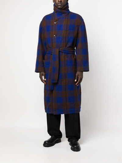 Shop Lemaire Check Pattern Belted Coat In Brown