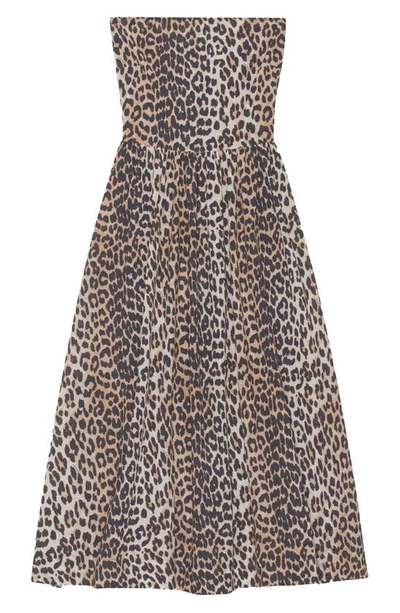 Shop Ganni Leopard Print Strapless Organic Cotton Cover-up Dress