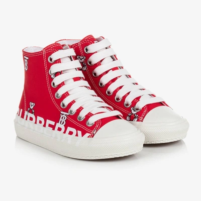 Shop Burberry Red Canvas High-top Trainers