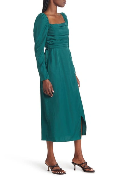 Shop Charles Henry Ruched Long Sleeve Midi Dress In Green