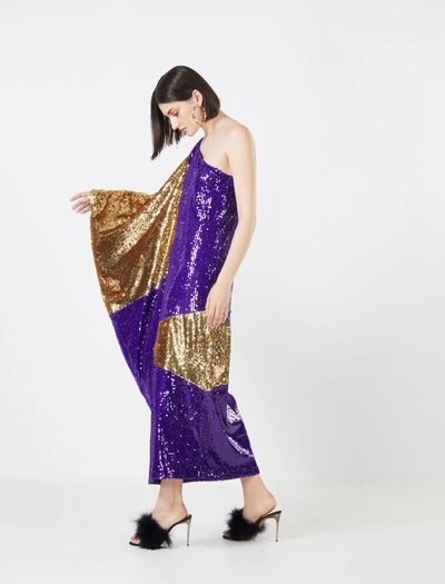 Shop Bcbgmaxazria Marcello One Shoulder Sequin Evening Dress In Violet/gold Combo