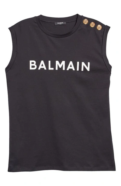 Shop Balmain Three-button Cotton Logo Tank In Black/ White