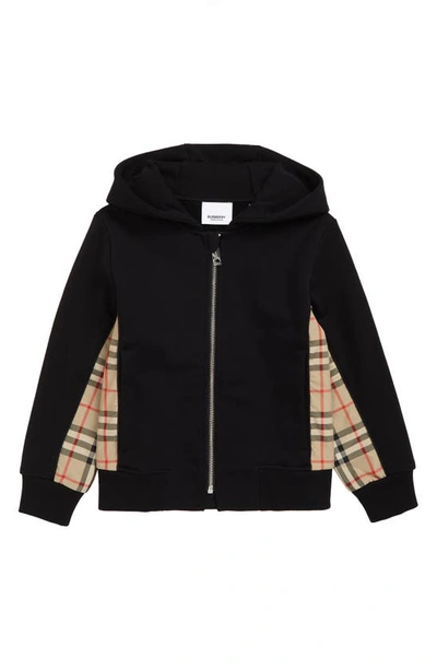 Shop Burberry Kids' Nolen Check Trim Cotton Zip Hoodie In Black