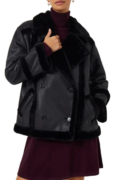 Shop French Connection Belen Double Breasted Faux Shearling Jacket In Black