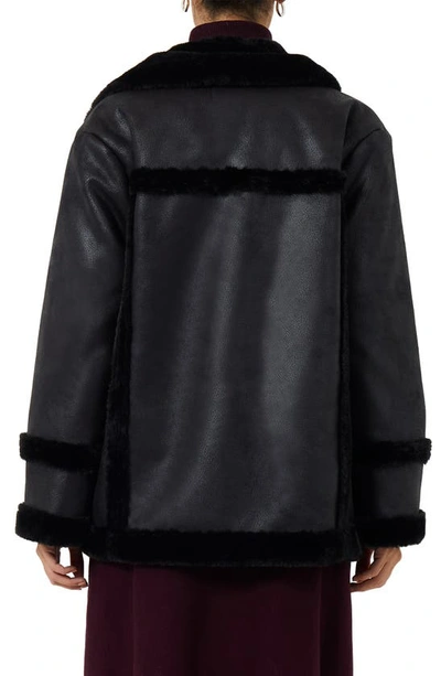 Shop French Connection Belen Double Breasted Faux Shearling Jacket In Black