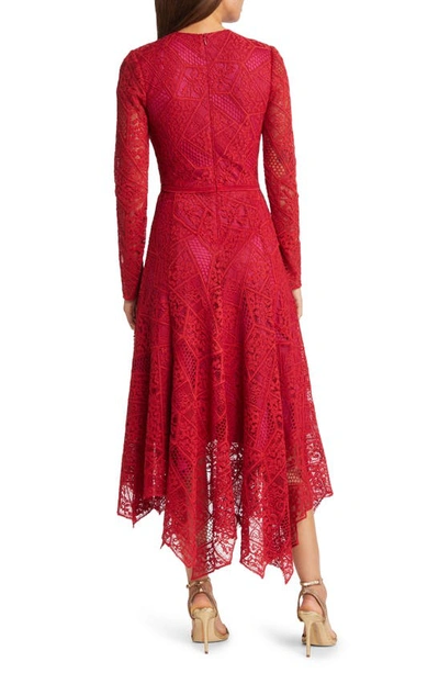 Tadashi Shoji Lace Handkerchief Midi Dress In Lava Red