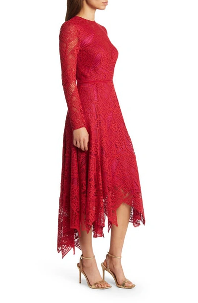Tadashi Shoji Lace Handkerchief Midi Dress In Lava Red
