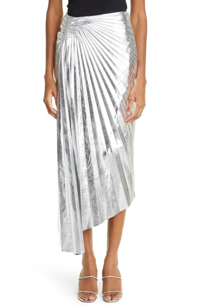Shop A.l.c Tori Pleat Asymmetric Metallic Faux Leather Skirt In Silver