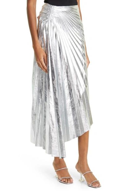 Shop A.l.c Tori Pleat Asymmetric Metallic Faux Leather Skirt In Silver