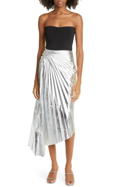 Shop A.l.c Tori Pleat Asymmetric Metallic Faux Leather Skirt In Silver