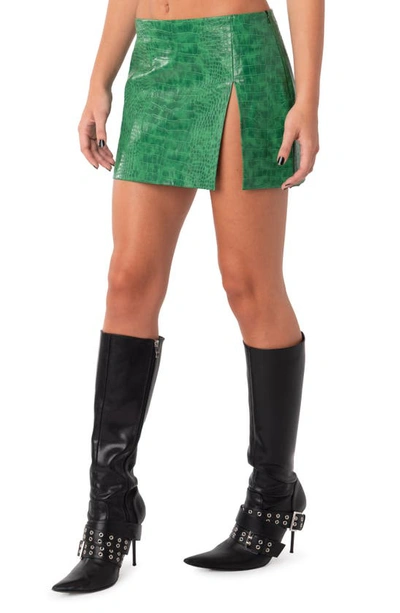 Shop Edikted Lana Croc Embossed Faux Leather Miniskirt In 7green