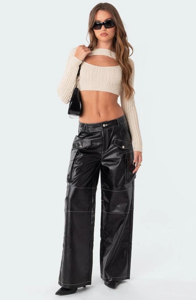 Shop Edikted Faye Faux Leather Cargo Pants In Black