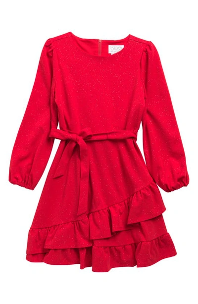 Shop Blush By Us Angels Kids' Sparkle Knit Long Sleeve Faux Wrap Dress In Red