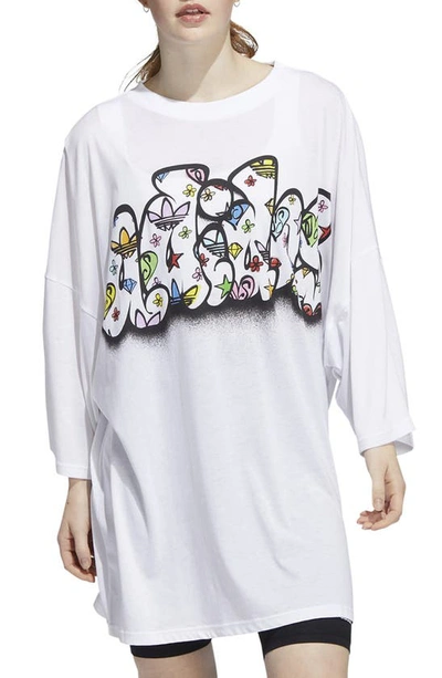 Shop Adidas Originals X Jeremy Scott Oversize Graffiti Logo T-shirt Dress In White