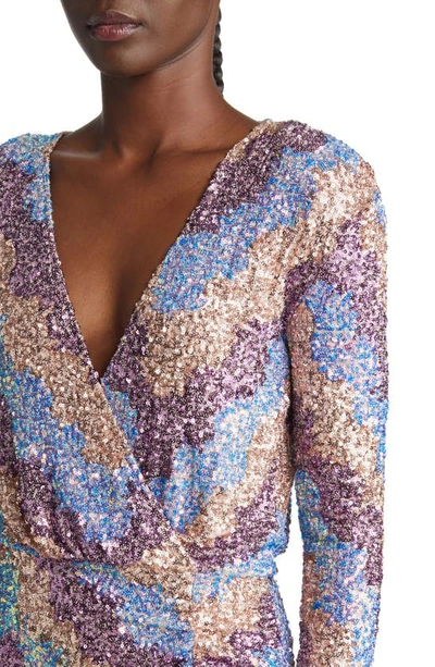 Shop Saylor Kinney Long Sleeve V-neck Sequin Minidress In Purple
