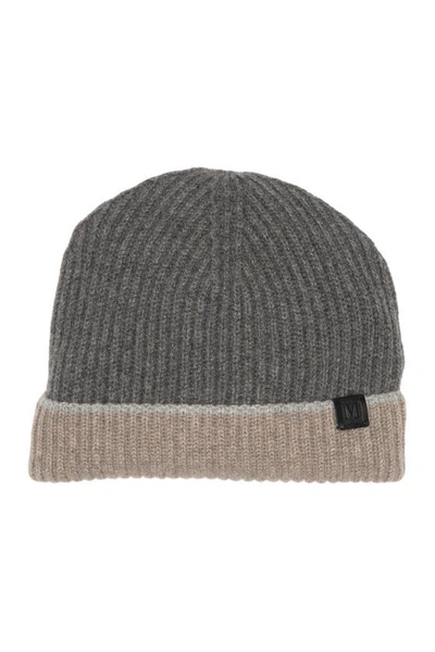 Bruno Magli Cashmere Colorblock Ribbed Knit Beanie In Grey Camel