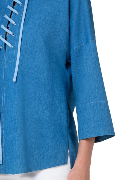 Shop Akris Punto Lace-up Twist Denim Blouse In Medium Blue Denim
