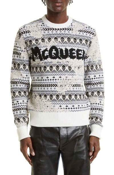 Shop Alexander Mcqueen Fair Isle Graffiti Logo Wool Sweater In Ivory/ Black/ Cream