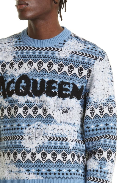 Shop Alexander Mcqueen Fair Isle Graffiti Logo Wool Sweater In Egg Shell Blue/ Black