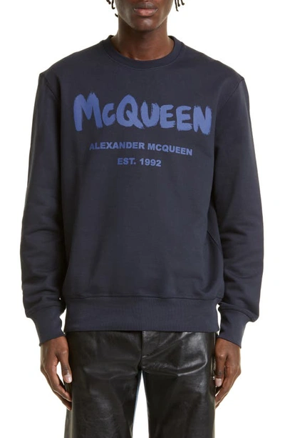 Shop Alexander Mcqueen Graffiti Logo Cotton Sweatshirt In Navy/ Cobalt