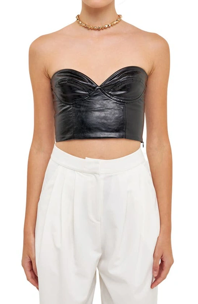 Grey Lab Strapless Faux Leather Bustier Crop Top In Black