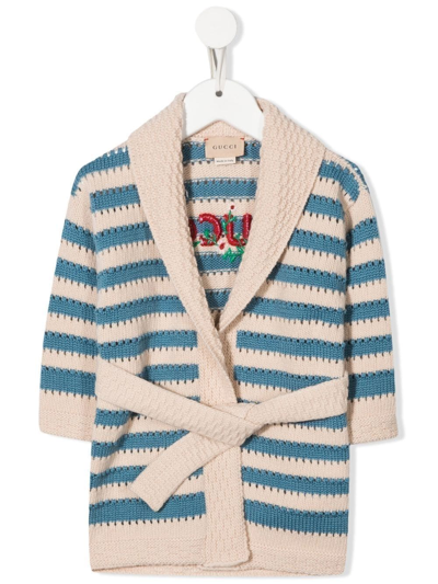Shop Gucci Embroidered-logo Striped Cardigan In Blue