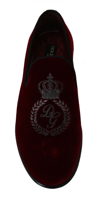 Shop Dolce & Gabbana Velvet Crown Embroide Loafers Men's Shoes In Red