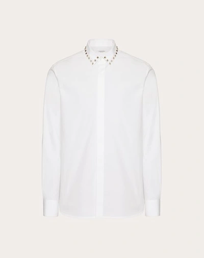 Shop Valentino Long Sleeve Cotton Shirt With Black Untitled Studs On Collar In White