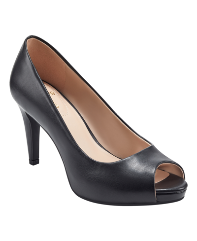 Shop Bandolino Women's Rainaa Peep Toe Platform Stiletto Dress Pumps In Black Faux Leather