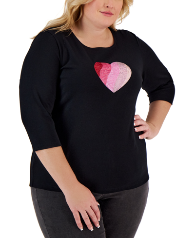 Shop Karen Scott Plus Size Rhinestone Heart Top, Created For Macy's In Deep Black