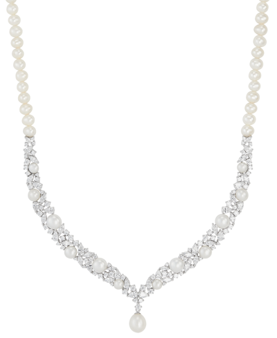 Shop Arabella Cultured Freshwater Button & Potato Pearl (5-11mm) & Cubic Zirconia Fancy Collar Necklace In Sterlin In Sterling Silver