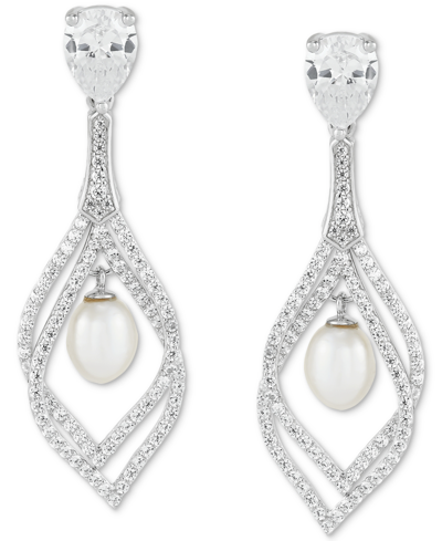 Shop Arabella Cultured Freshwater Pearl (9 X 7mm) & Cubic Zirconia Orbital Drop Earrings In Sterling Silver