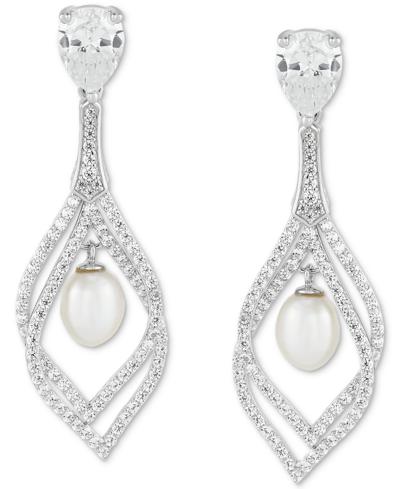 Arabella Cultured Freshwater Pearl (9 X 7mm) & Cubic Zirconia Orbital Drop Earrings In Sterling Silver In Sterling Silver