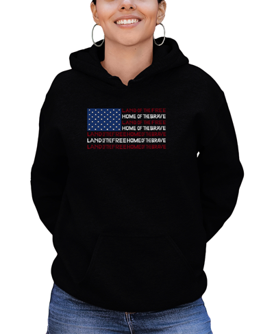 Shop La Pop Art Women's Land Of The Free American Flag Word Art Hooded Sweatshirt In Black
