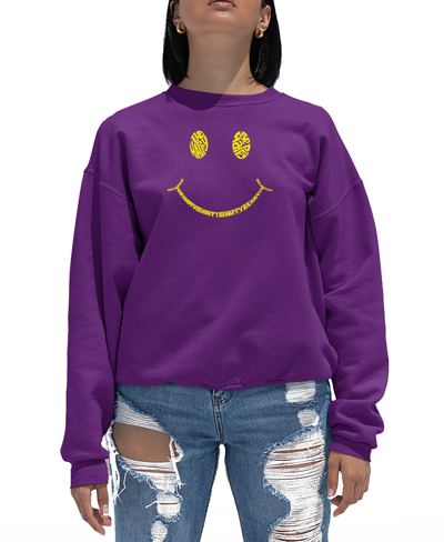 Shop La Pop Art Women's Be Happy Smiley Face Word Art Crewneck Sweatshirt In Purple