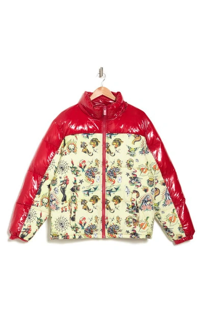 Ed Hardy Vintage Pattern Water Repellent Puffer Jacket In Red Multi |  ModeSens