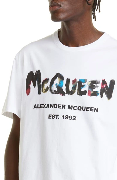 Shop Alexander Mcqueen Watercolor Graffiti Logo Cotton Graphic Tee In White/ Mix
