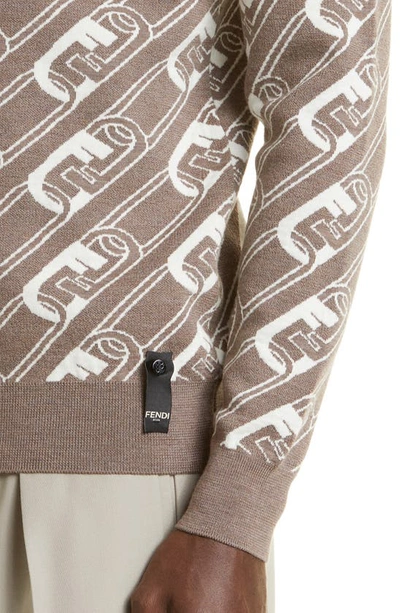 Shop Fendi O'lock Jacquard Crewneck Virgin Wool Sweater In Castoro/ Naturale