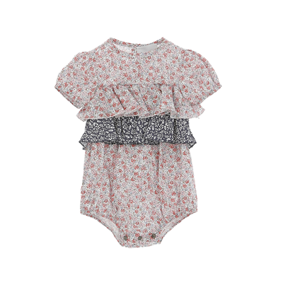 Le Petit Coco Floral Fantasy Romper With Ruffles In Rosso