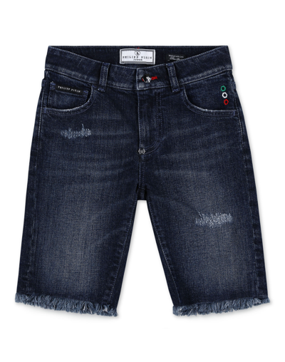 Shop Philipp Plein Junior Bermuda With Back Logo In Jeans