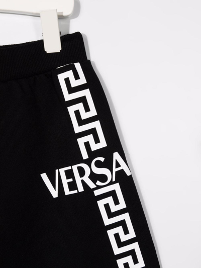 Versace Teen Greca-logo Cotton Track Shorts In Nero
