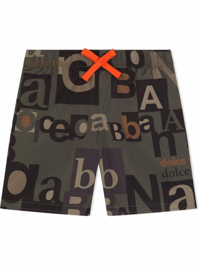 Dolce & Gabbana Boxer Swimsuit With All Over Logo In Verde