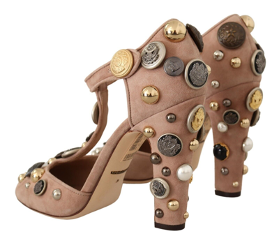 Shop Dolce & Gabbana Pink Suede Embellished T-strap Pumps Women's Shoes