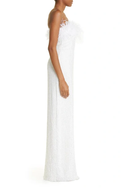 Shop Retroféte Dolly Beaded Feather Trim Strapless Maxi Dress In Moonglow White