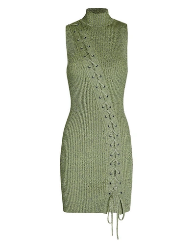 Shop Jonathan Simkhai Cade Lace-up Ribbed Mini Dress In Green