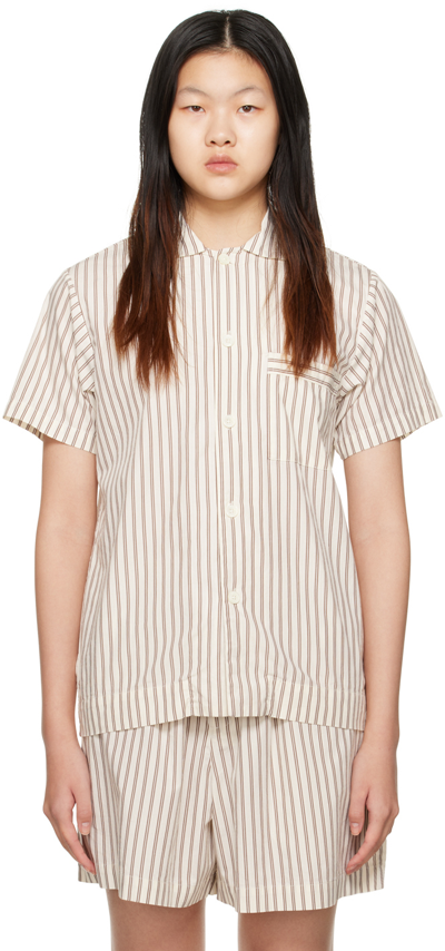 Shop Tekla Off-white & Brown Short Sleeve Pyjama Shirt In Hopper Stripes