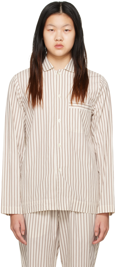 Shop Tekla Off-white & Brown Long Sleeve Pyjama Shirt In Hopper Stripe