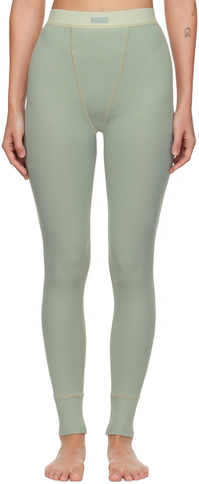 Cotton Rib Thermal Leggings In Mineral Green