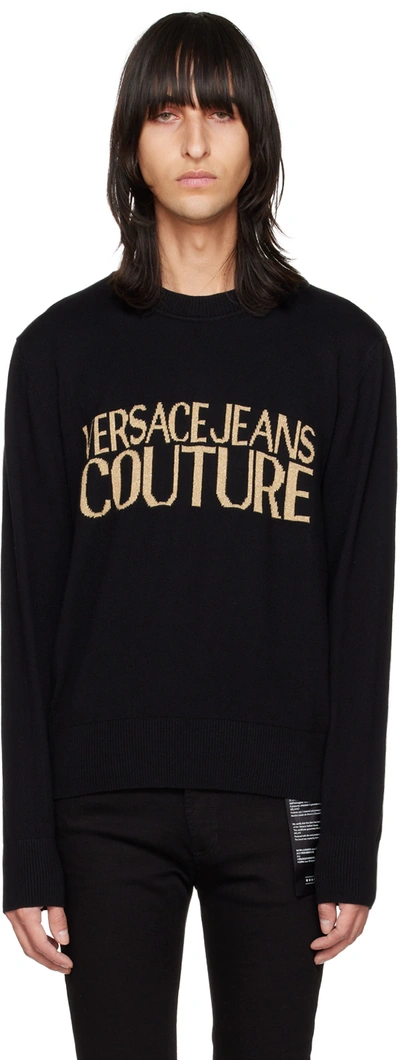 Shop Versace Jeans Couture Black Crewneck Sweater In Ek42 Black + Gold