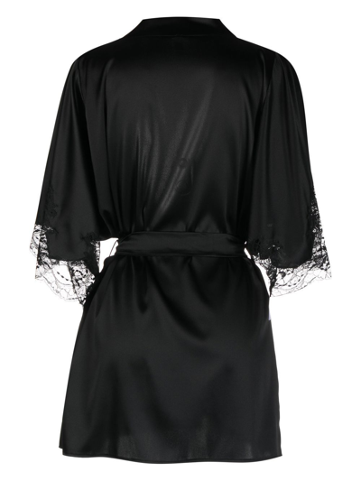 Shop Fleur Of England Lace-trim Silk Robe In Black